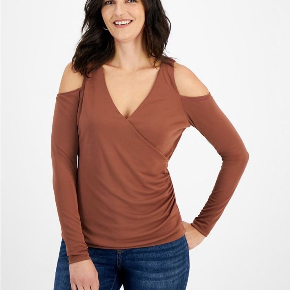 I.N.C International Concepts Women's Cold-Shoulder V-Neck Top sz L brown nwt